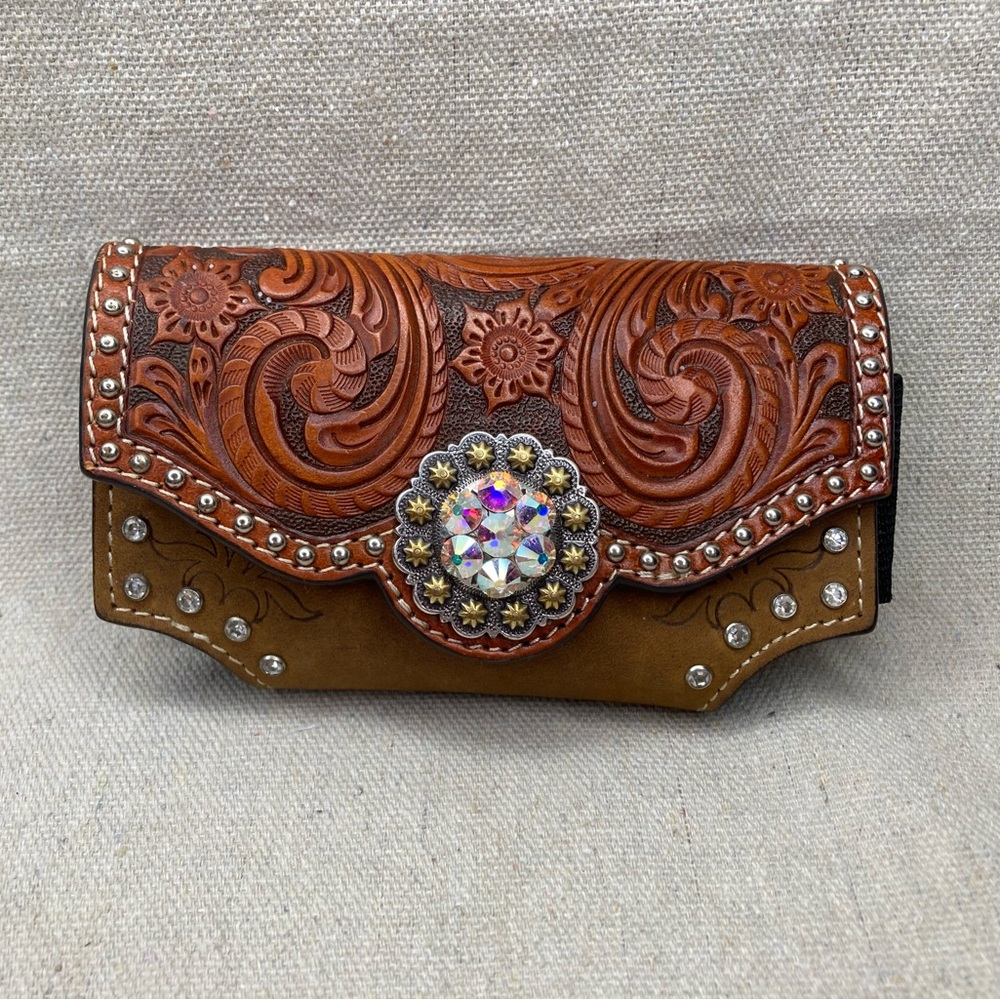 Nocona Tooled Leather Phone Case with Iridescent Concho - Brown & Tan